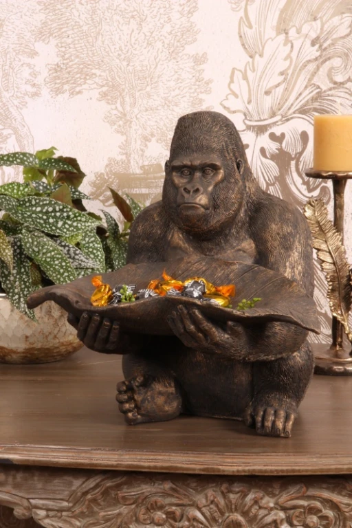 Beeld gorilla met dienblad - goud - 39 cm