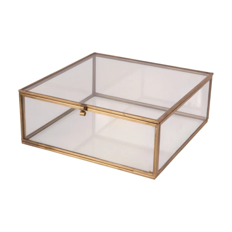 Sieradendoos 20x20x8 cm - goud - messing en glas