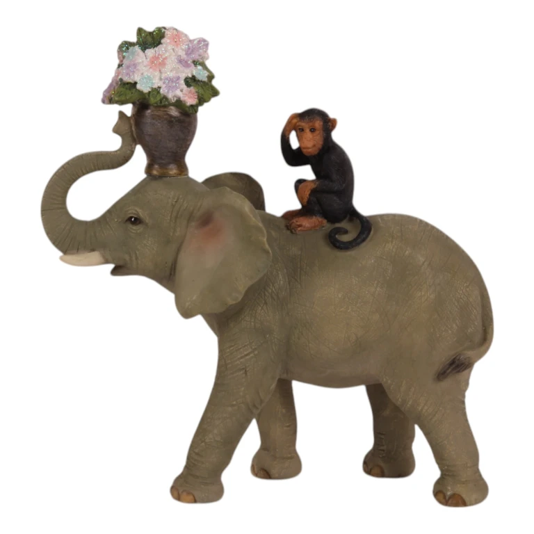 Dierenbeeld olifant met aap - bruin - 17 cm