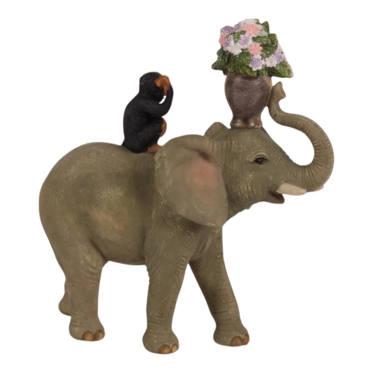 Dierenbeeld olifant met aap - bruin - 17 cm