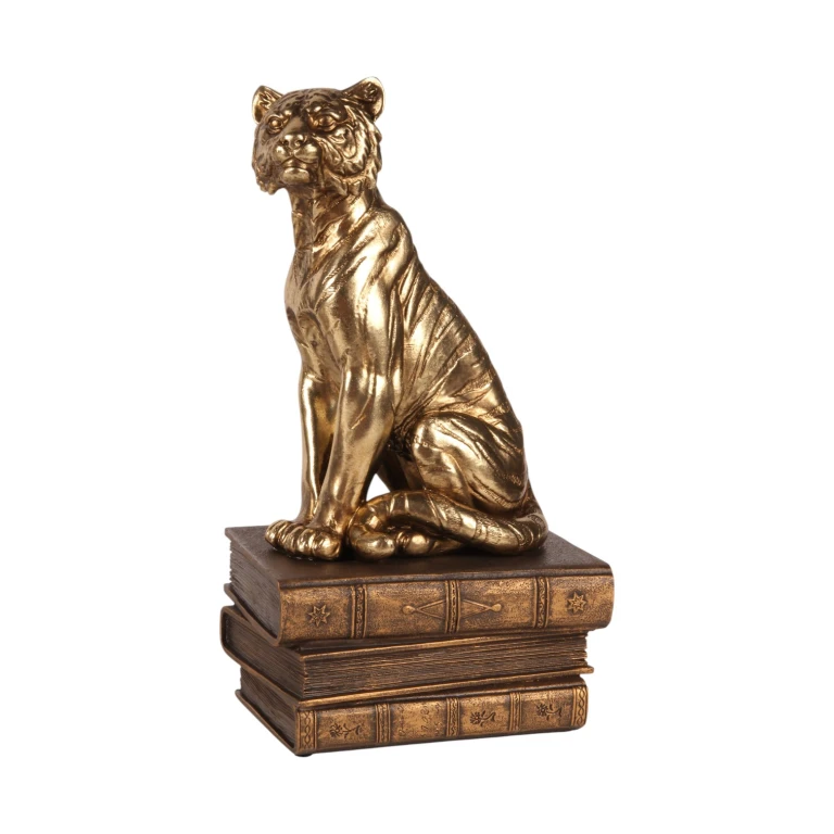 Tijgerbeeld op boeken - goud - 29 cm