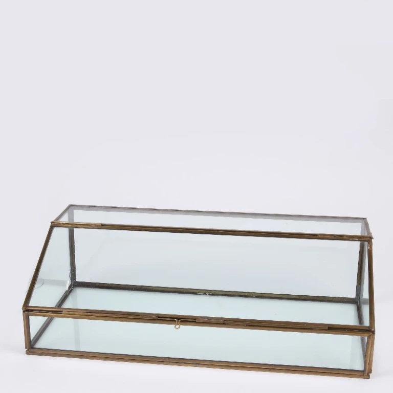 Opbergdoos rechthoekig - 15 cm - goud - messing en glas