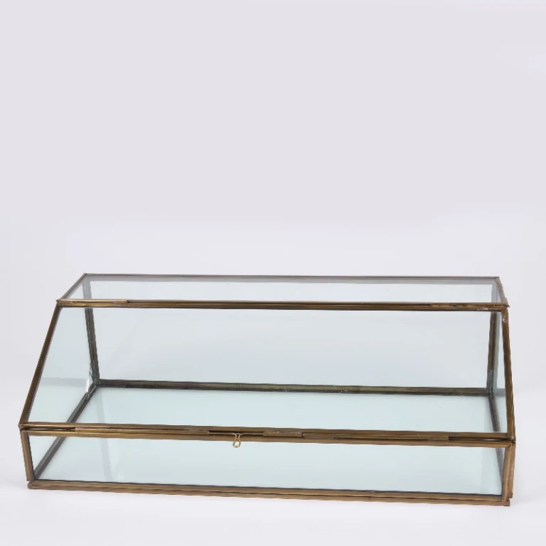 Opbergdoos rechthoekig - 15 cm - goud - messing en glas