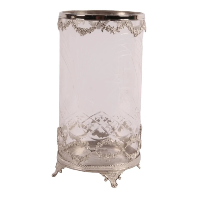 Windlicht - 27 cm - zilver - messing en glas