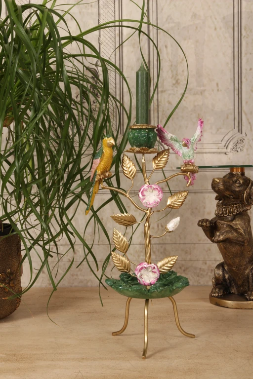 Kandelaar Vogels - 38,5 cm - groen - kunsthars