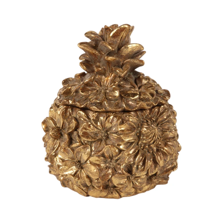 Opbergdoos Bloemen - 12,5 cm - goud - kunsthars