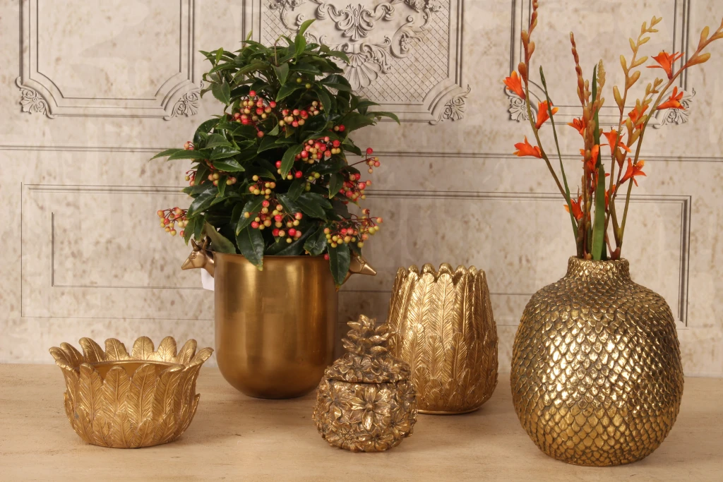 Opbergdoos Bloemen - 12,5 cm - goud - kunsthars