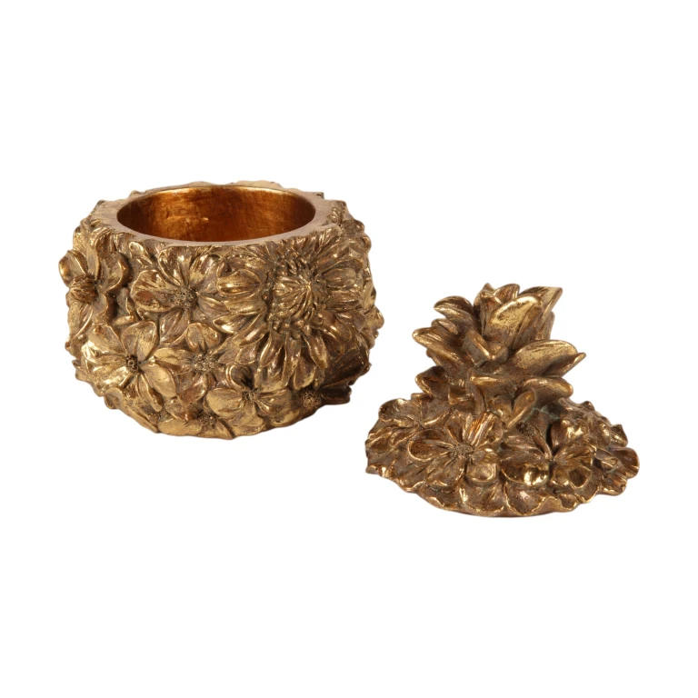 Opbergdoos Bloemen - 12,5 cm - goud - kunsthars