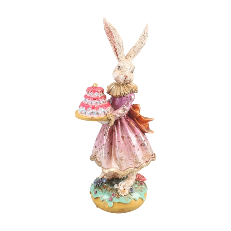 Konijnenbeeldje met taart - roze - 28,5 cm