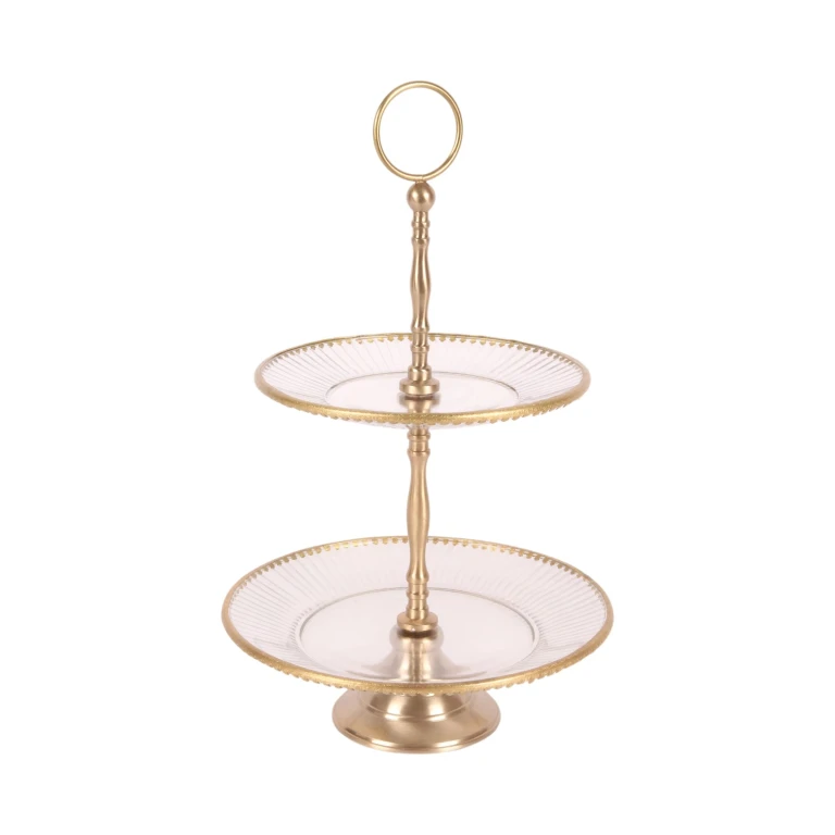 Etagère - 2-laags - 38 cm - goud - messing en glas
