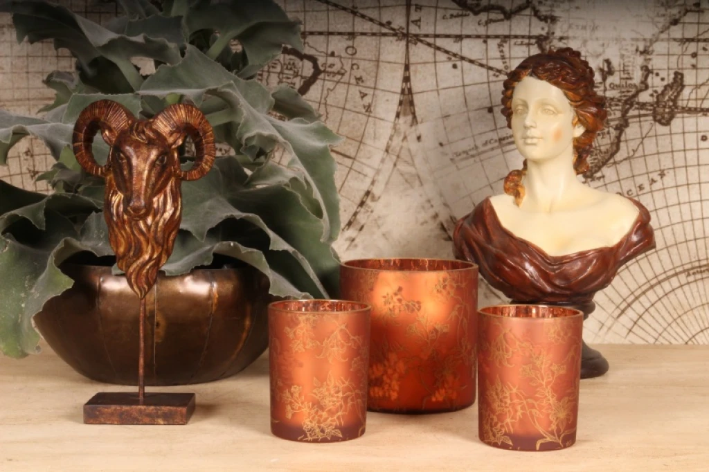 Waxinelichthouder bloemenprint - rood - glas - 15 cm