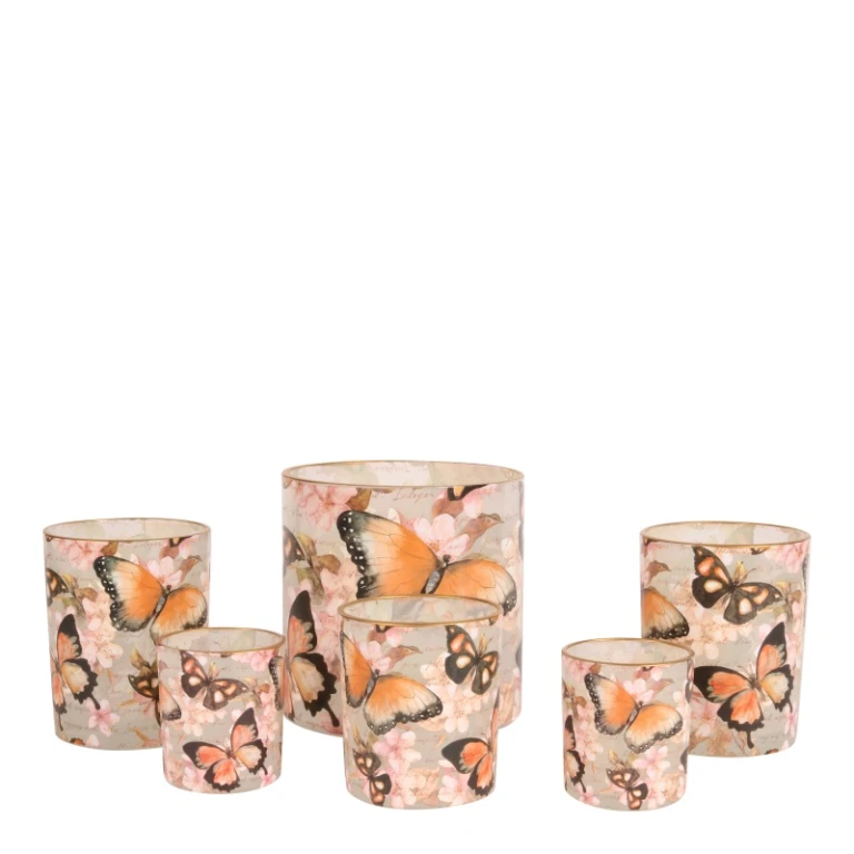 Waxinelichthouder met vlinders - roze - glas - 15 cm