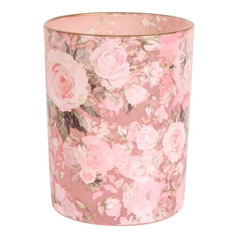 Waxinelichthouder bloemenprint - roze - glas - 12,5 cm
