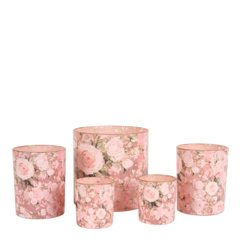 Waxinelichthouder bloemenprint - 15 cm - roze - glas
