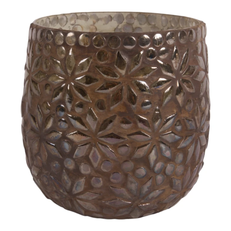 Waxinelichthouder Mozaïek Bloem - bruin - glas - 12 cm