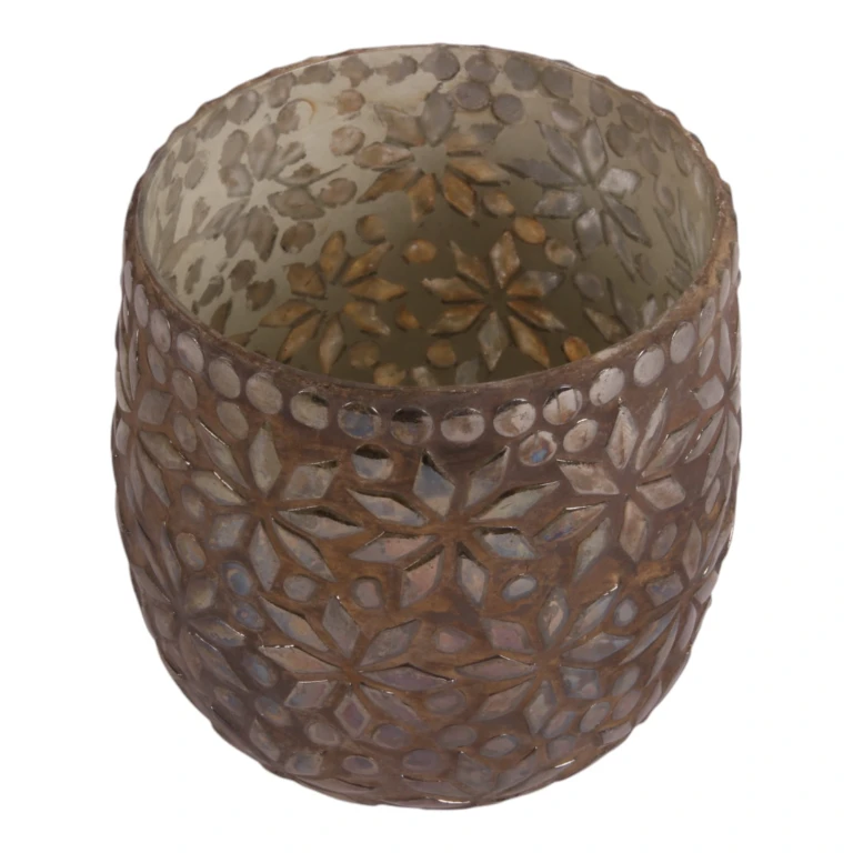 Waxinelichthouder Mozaïek Bloem - bruin - glas - 12 cm