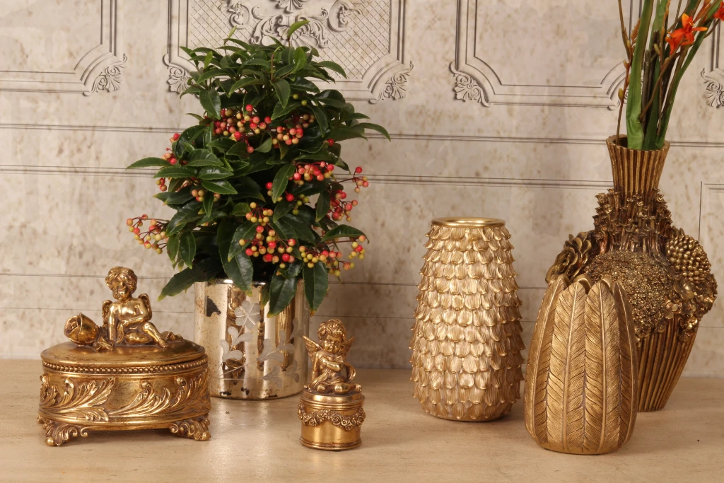 Waxinelichthouder Bloemen - goud - glas - 18 cm