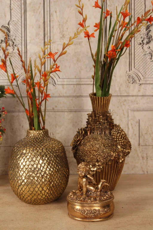 Vaas met bloemen - 30 cm - goud - kunsthars