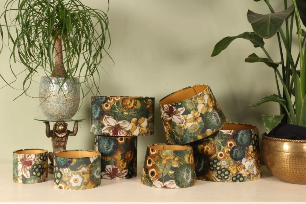 Lampenkap - Bloemenprint - 20 cm - goud - stof