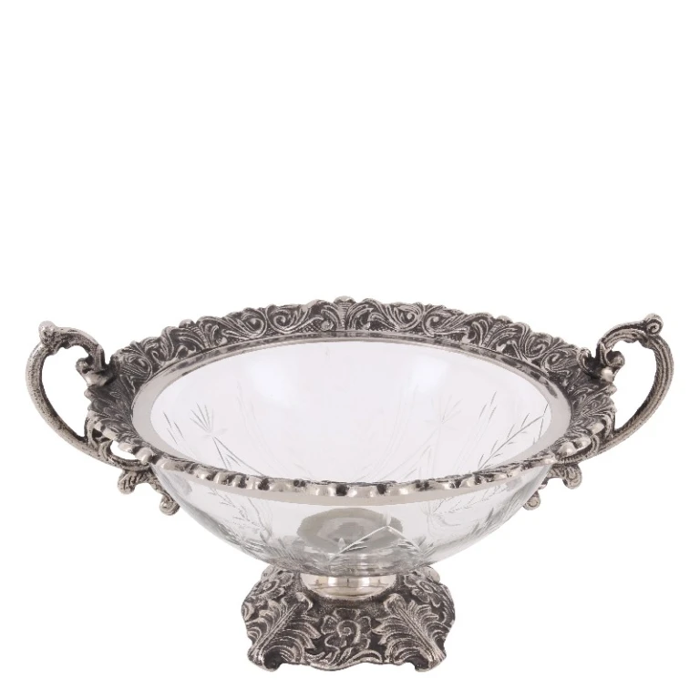 Sierschaal met handvat - zilver - aluminium en glas - 38 cm