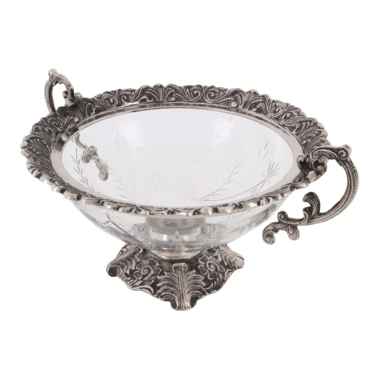Sierschaal met handvat - zilver - aluminium en glas - 38 cm